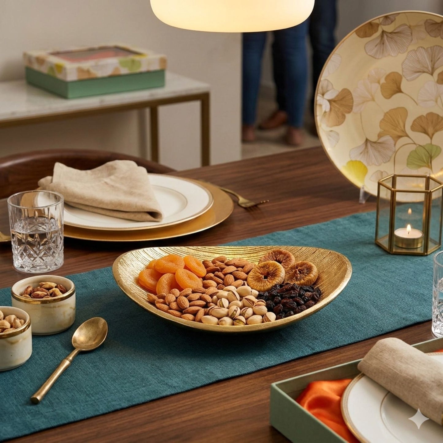 Navakrti Gold Aluminum Casting Oval Serving Platter with Gift Box | Luxury Coffee Table & Dining Table Decorative Bowl | 19.5x14x5.5 cm