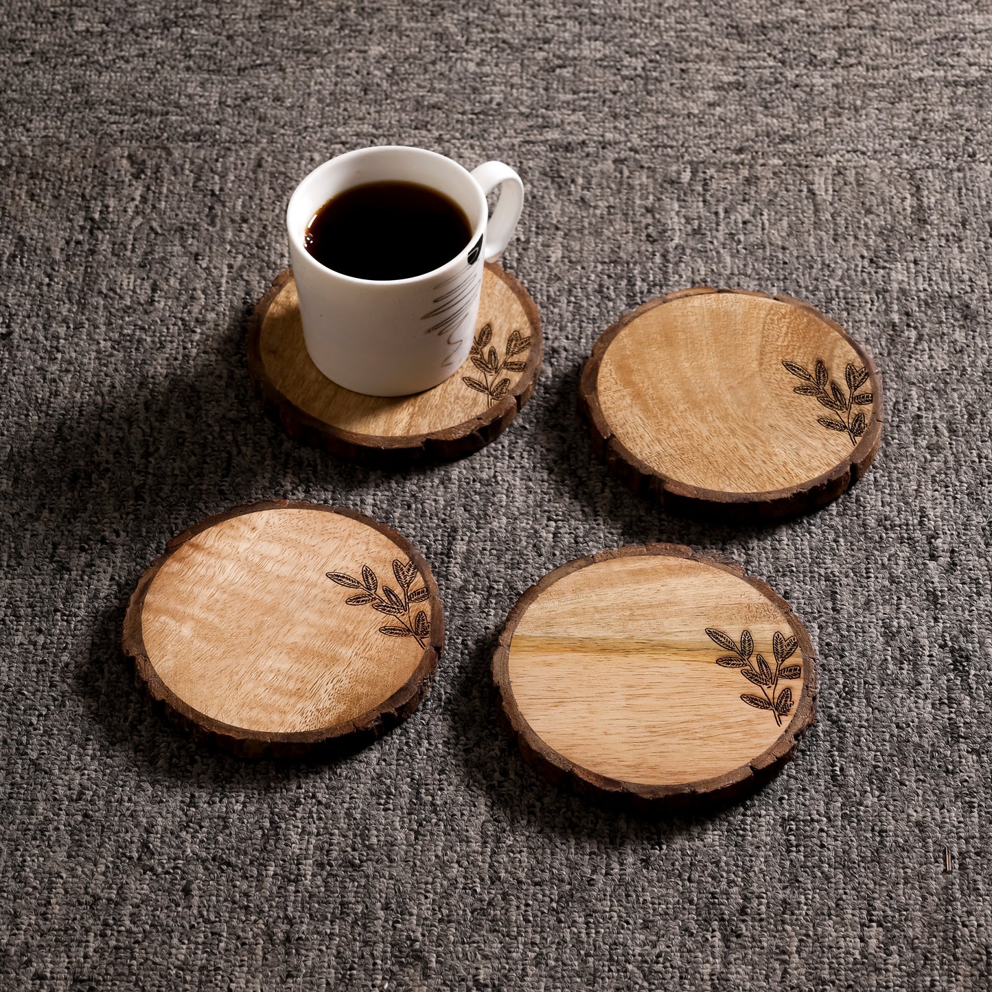 Forest Bark Wooden Coaster Set with Leaf Etching (10 × 10 cm)