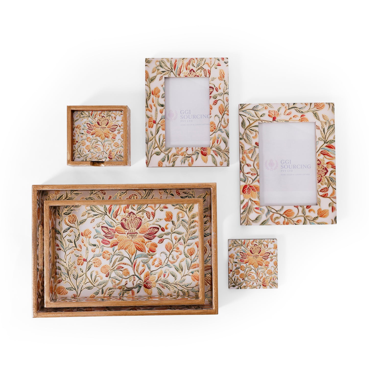Floral Wooden Tray Set with Coasters & Photo Frames