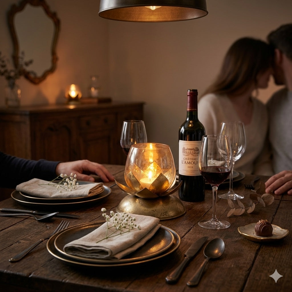 Navakrti Lotus Tealight Candle Holder with Glass Votive | Antique Gold Metal Lotus Petal Design | Fold Foiling Decorative Table Décor | Festive Diwali Candle Stand