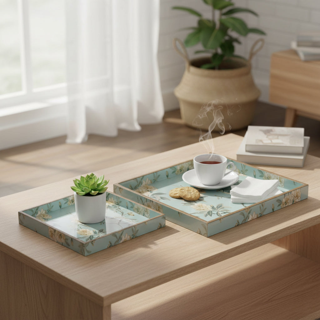 Vintage Bird & Floral Printed Resin Wooden Serving Tray Set of 2