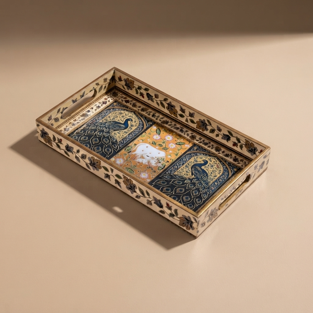 Navakriti Decor Royal Peacock & Elephant Floral Nesting Tray Set of 3