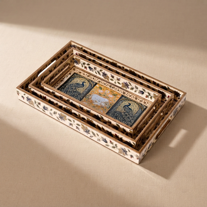 Navakriti Decor Royal Peacock & Elephant Floral Nesting Tray Set of 3