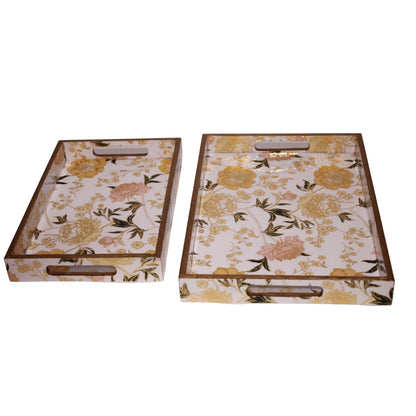 Navakrti Decor Floral Wooden Serving Tray Set of 2 | MDF Resin Coated Decorative Trays with Cut-Out Handles | Tea, Coffee & Table Décor Trays