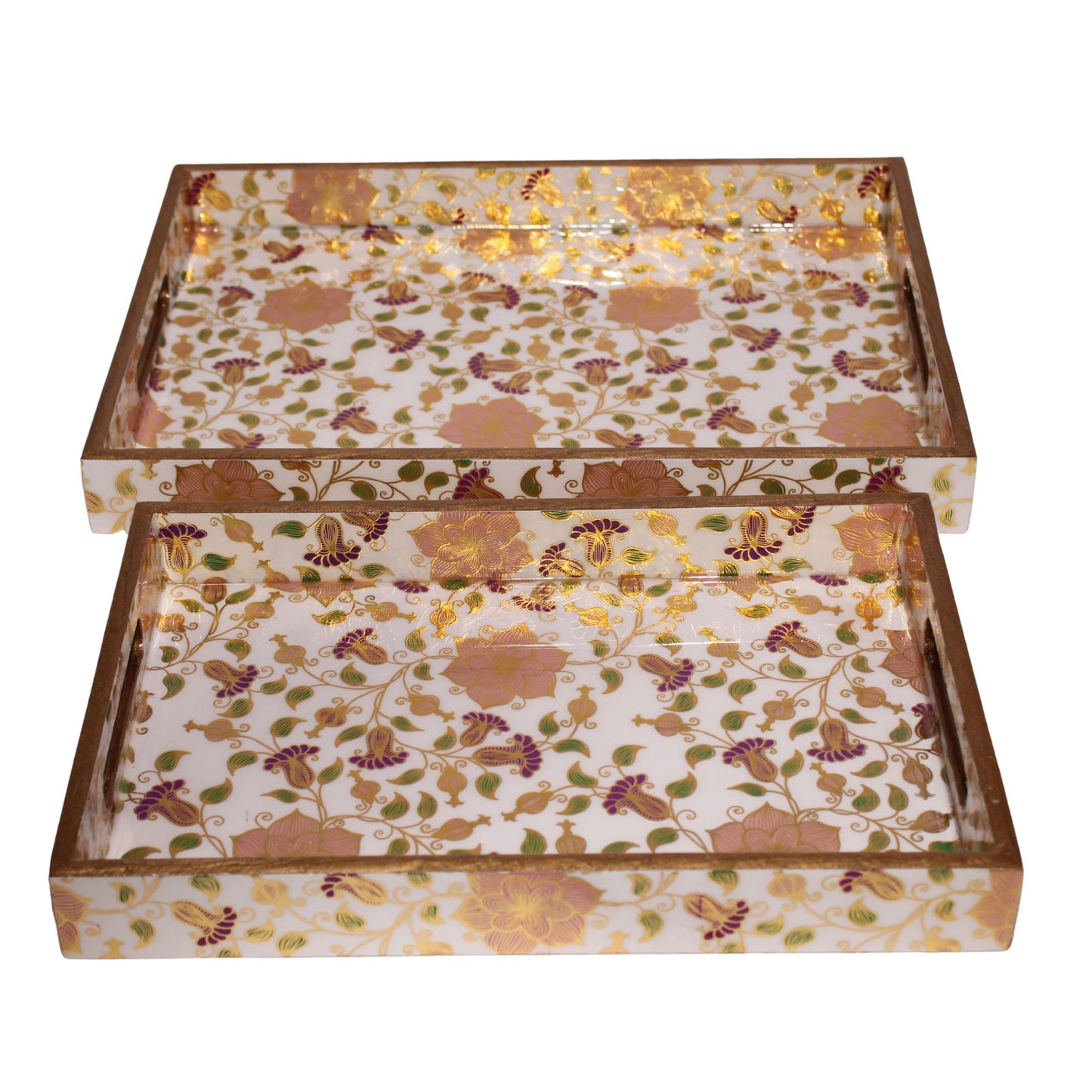 Navakrti Decor Floral Wooden Serving Tray Set of 2 | MDF & Resin Decorative Table Trays with Glossy Botanical Print | Tea, Coffee & Home Décor Trays