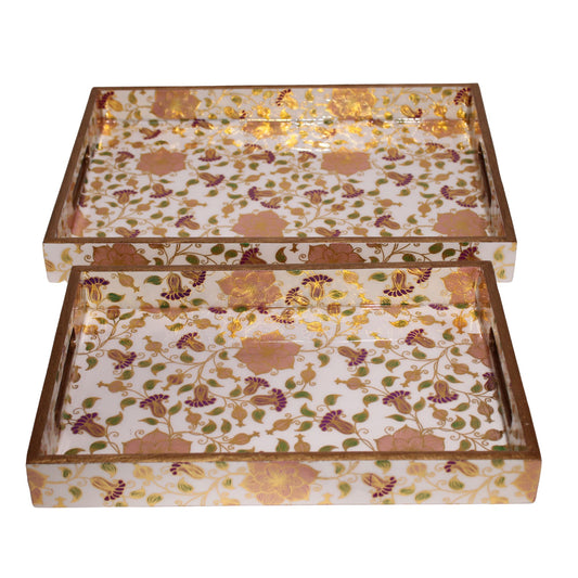 Navakrti Decor Floral Wooden Serving Tray Set of 2 | MDF & Resin Decorative Table Trays with Glossy Botanical Print | Tea, Coffee & Home Décor Trays