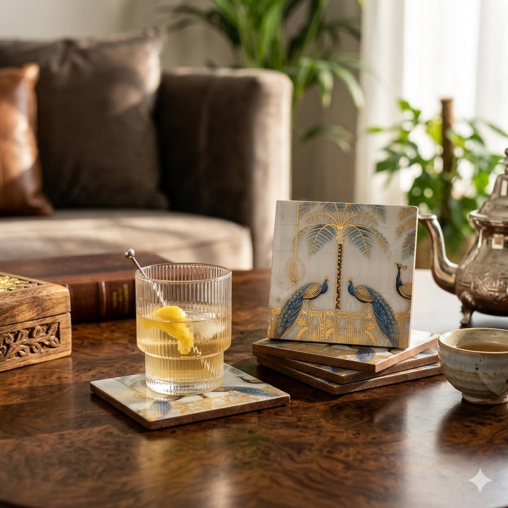 Navakrti Double Peacock Decorative Resin Wooden Coaster Set of 4