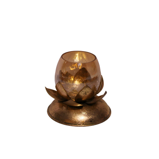 Navakrti Lotus Tealight Candle Holder with Glass Votive | Antique Gold Metal Lotus Petal Design | Fold Foiling Decorative Table Décor | Festive Diwali Candle Stand