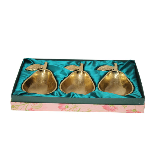 Navakrti Gold Toned Pear Shape Serving Bowls Set of 3 | Aluminum Decorative Dry Fruit & Snacks Serving Platter with Gift Box