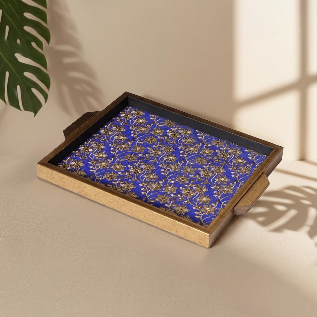 Royal Blue & Gold Floral Wooden Big Serving Tray with Handles – Elegant Decorative Table Tray for Home & Gifting