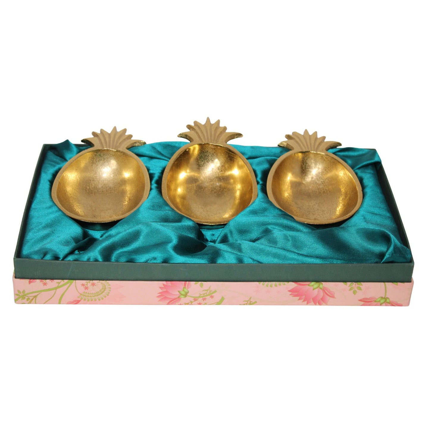 Navakrti Gold Toned Pineapple Shape Serving Bowl Set of 3 | Aluminium Decorative Dry Fruit & Snack Serving Platter with Gift Box