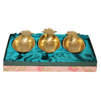 Navakrti Gold Toned Pineapple Shape Serving Bowl Set of 3 | Aluminium Decorative Dry Fruit & Snack Serving Platter with Gift Box