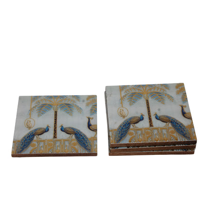 Navakrti Double Peacock Decorative Resin Wooden Coaster Set of 4