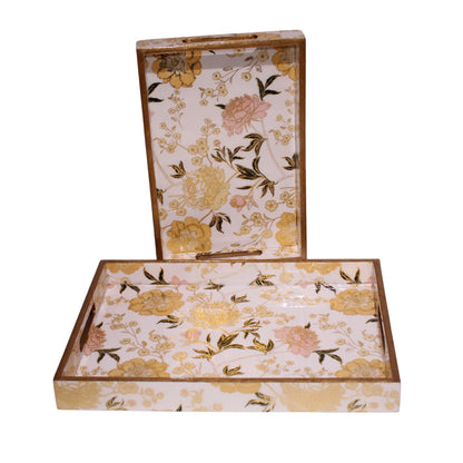 Navakrti Decor Floral Wooden Serving Tray Set of 2 | MDF Resin Coated Decorative Trays with Cut-Out Handles | Tea, Coffee & Table Décor Trays