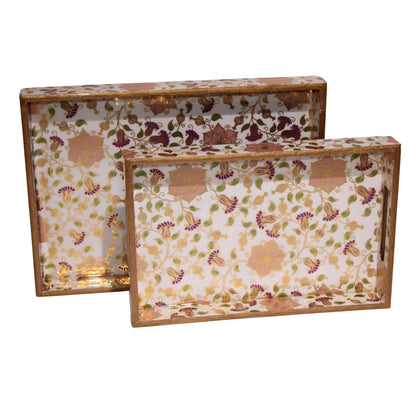 Navakrti Decor Floral Wooden Serving Tray Set of 2 | MDF & Resin Decorative Table Trays with Glossy Botanical Print | Tea, Coffee & Home Décor Trays