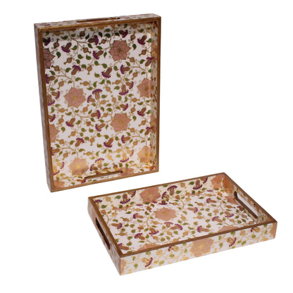Navakrti Decor Floral Wooden Serving Tray Set of 2 | MDF & Resin Decorative Table Trays with Glossy Botanical Print | Tea, Coffee & Home Décor Trays