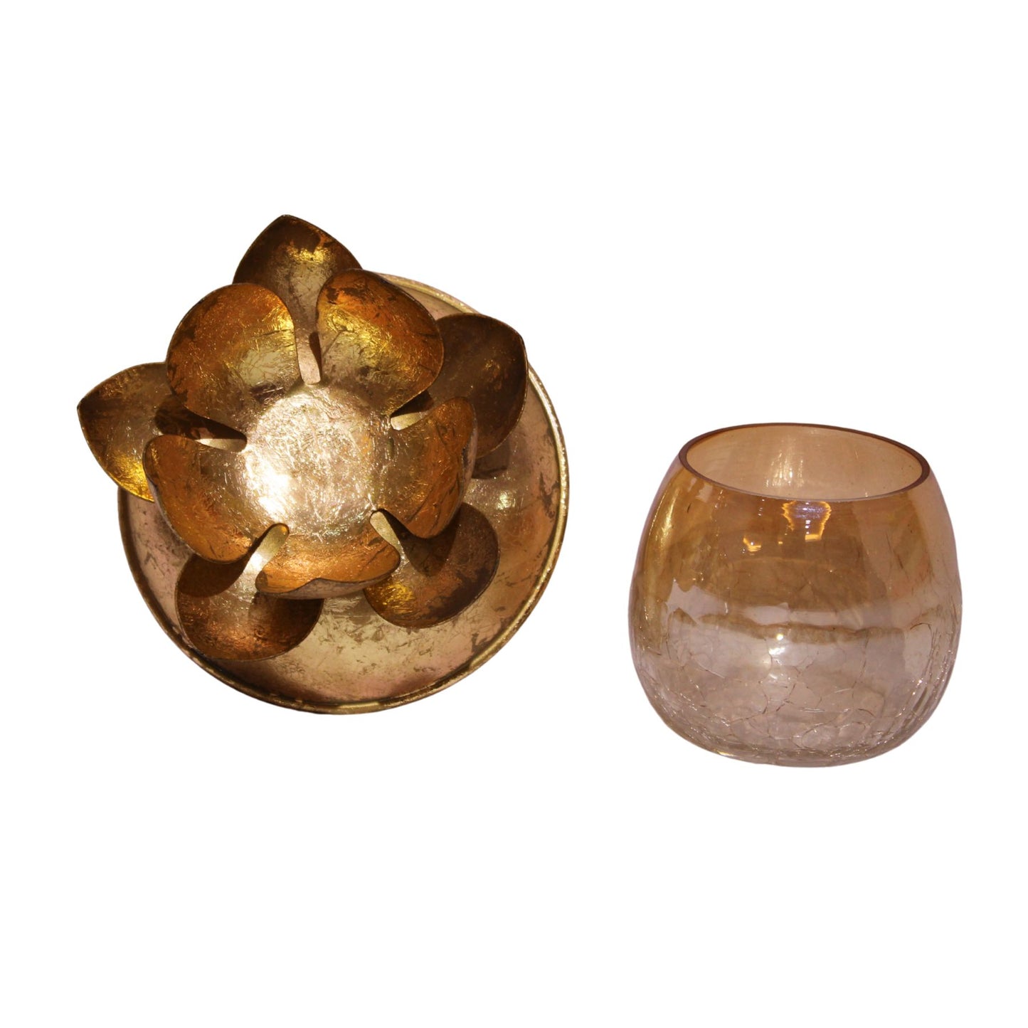 Navakrti Lotus Tealight Candle Holder with Glass Votive | Antique Gold Metal Lotus Petal Design | Fold Foiling Decorative Table Décor | Festive Diwali Candle Stand
