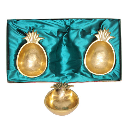 Navakrti Gold Toned Pineapple Shape Serving Bowl Set of 3 | Aluminium Decorative Dry Fruit & Snack Serving Platter with Gift Box