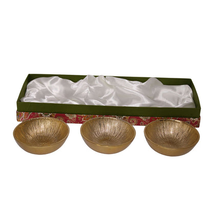 Navakrti Gold Toned Metal Serving Bowl Set of 3 | Aluminium Decorative Dry Fruit Bowls | Luxury Table Décor & Gift Set