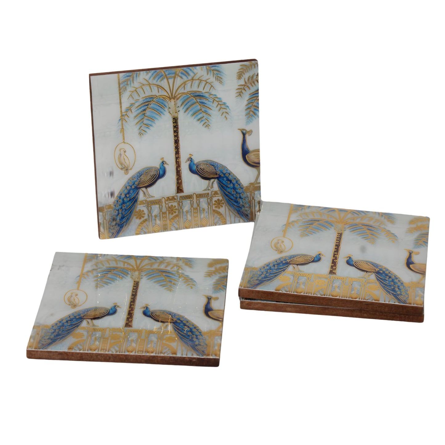 Navakrti Double Peacock Decorative Resin Wooden Coaster Set of 4