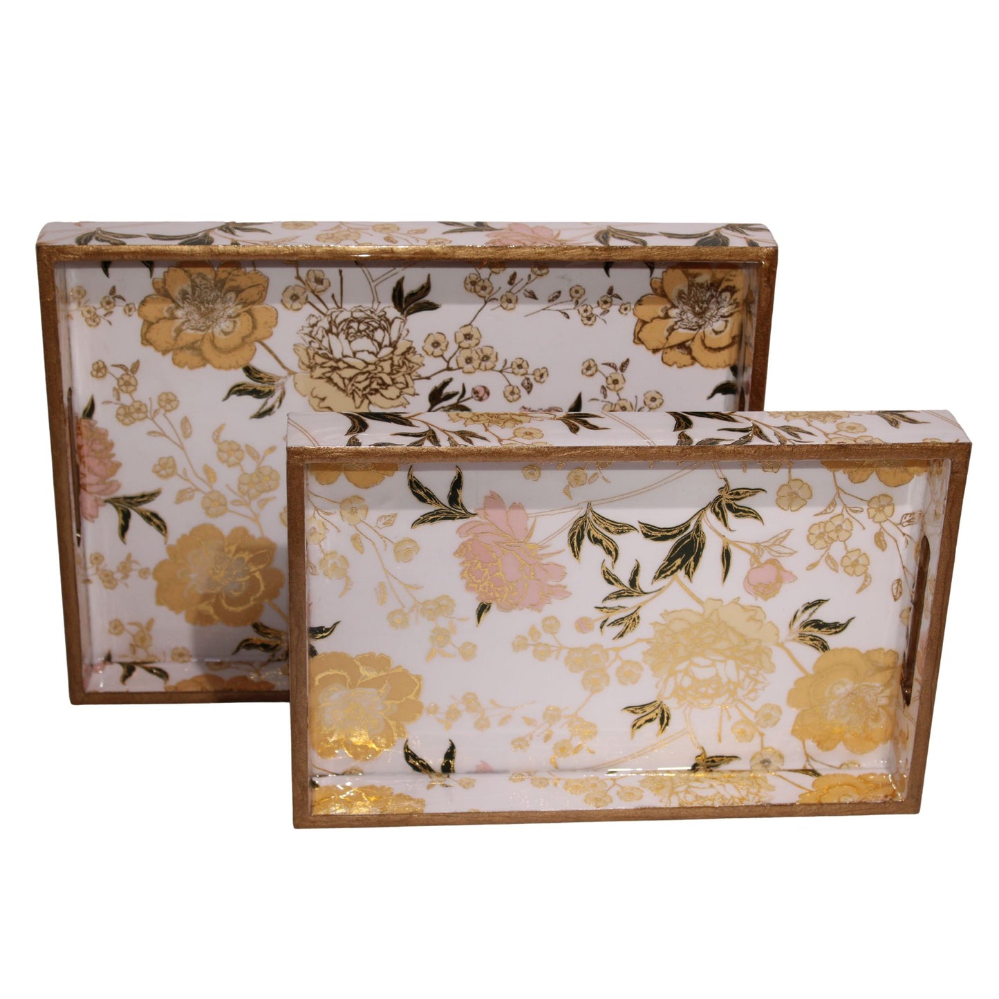 Navakrti Decor Floral Wooden Serving Tray Set of 2 | MDF Resin Coated Decorative Trays with Cut-Out Handles | Tea, Coffee & Table Décor Trays