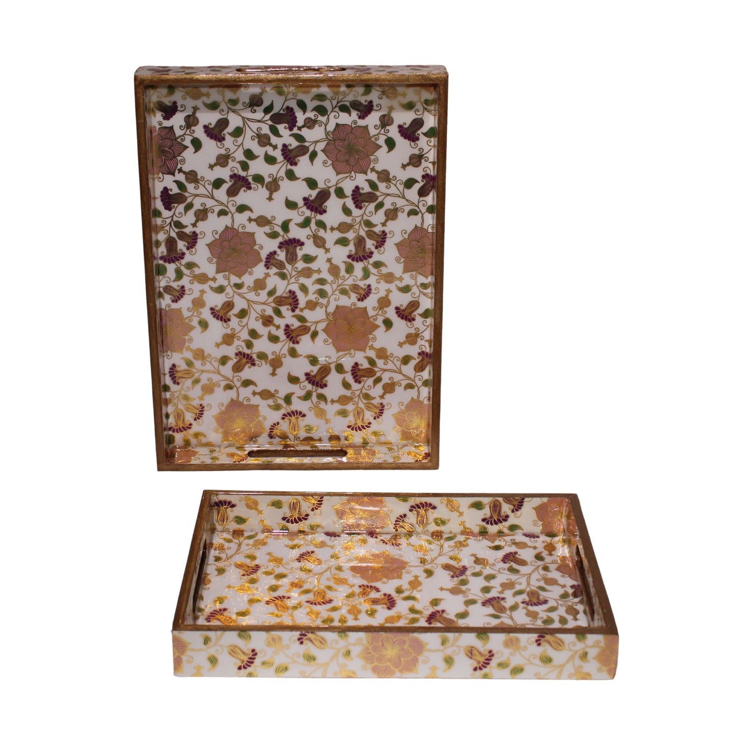 Navakrti Decor Floral Wooden Serving Tray Set of 2 | MDF & Resin Decorative Table Trays with Glossy Botanical Print | Tea, Coffee & Home Décor Trays