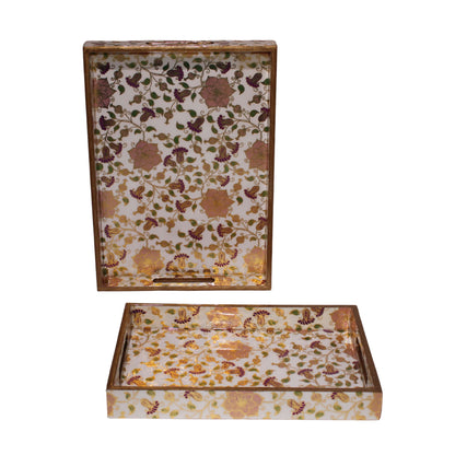 Navakrti Decor Floral Wooden Serving Tray Set of 2 | MDF & Resin Decorative Table Trays with Glossy Botanical Print | Tea, Coffee & Home Décor Trays