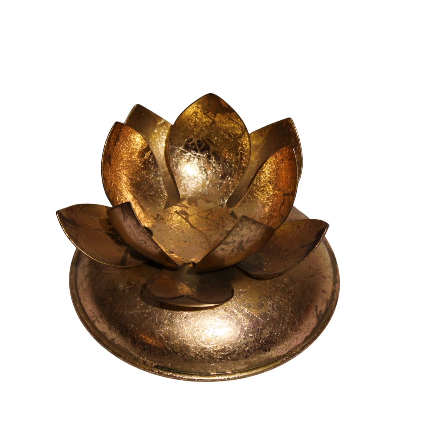 Navakrti Lotus Tealight Candle Holder with Glass Votive | Antique Gold Metal Lotus Petal Design | Fold Foiling Decorative Table Décor | Festive Diwali Candle Stand
