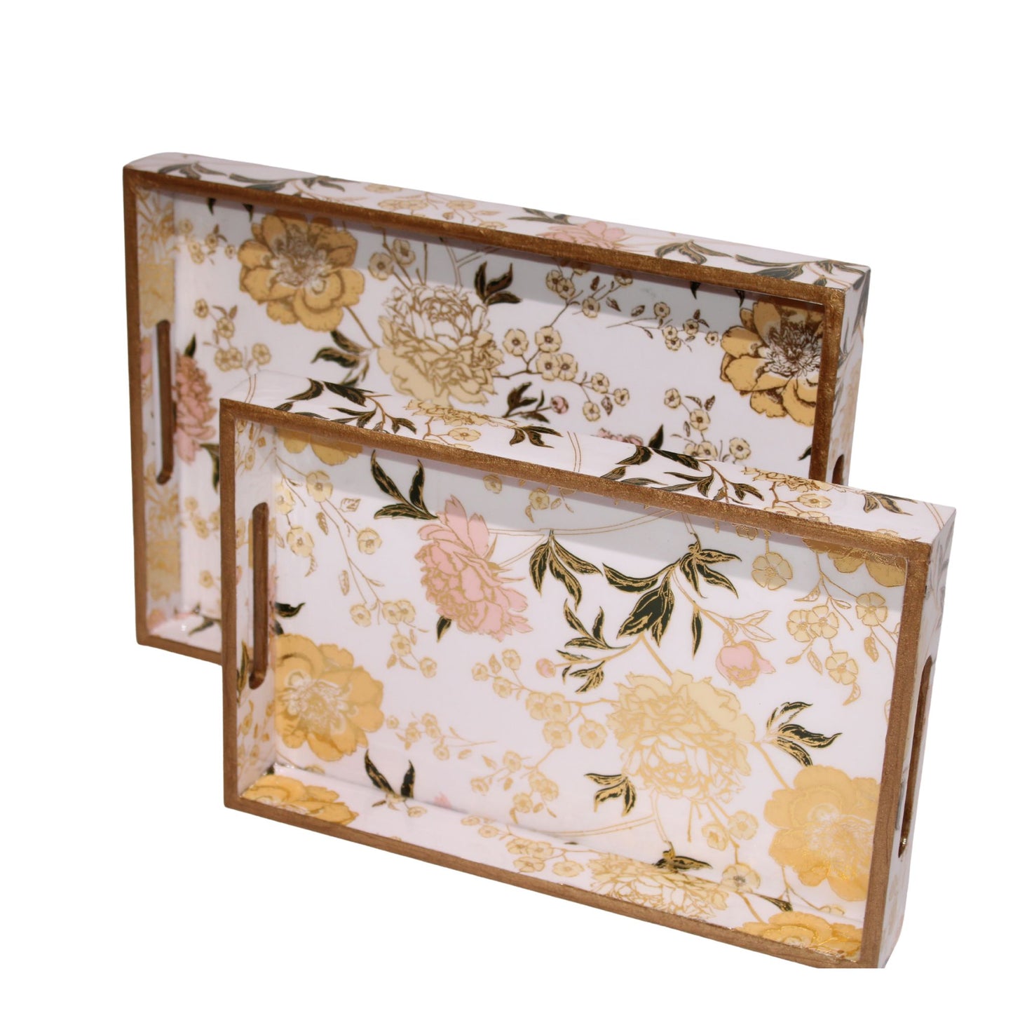 Navakrti Decor Floral Wooden Serving Tray Set of 2 | MDF Resin Coated Decorative Trays with Cut-Out Handles | Tea, Coffee & Table Décor Trays