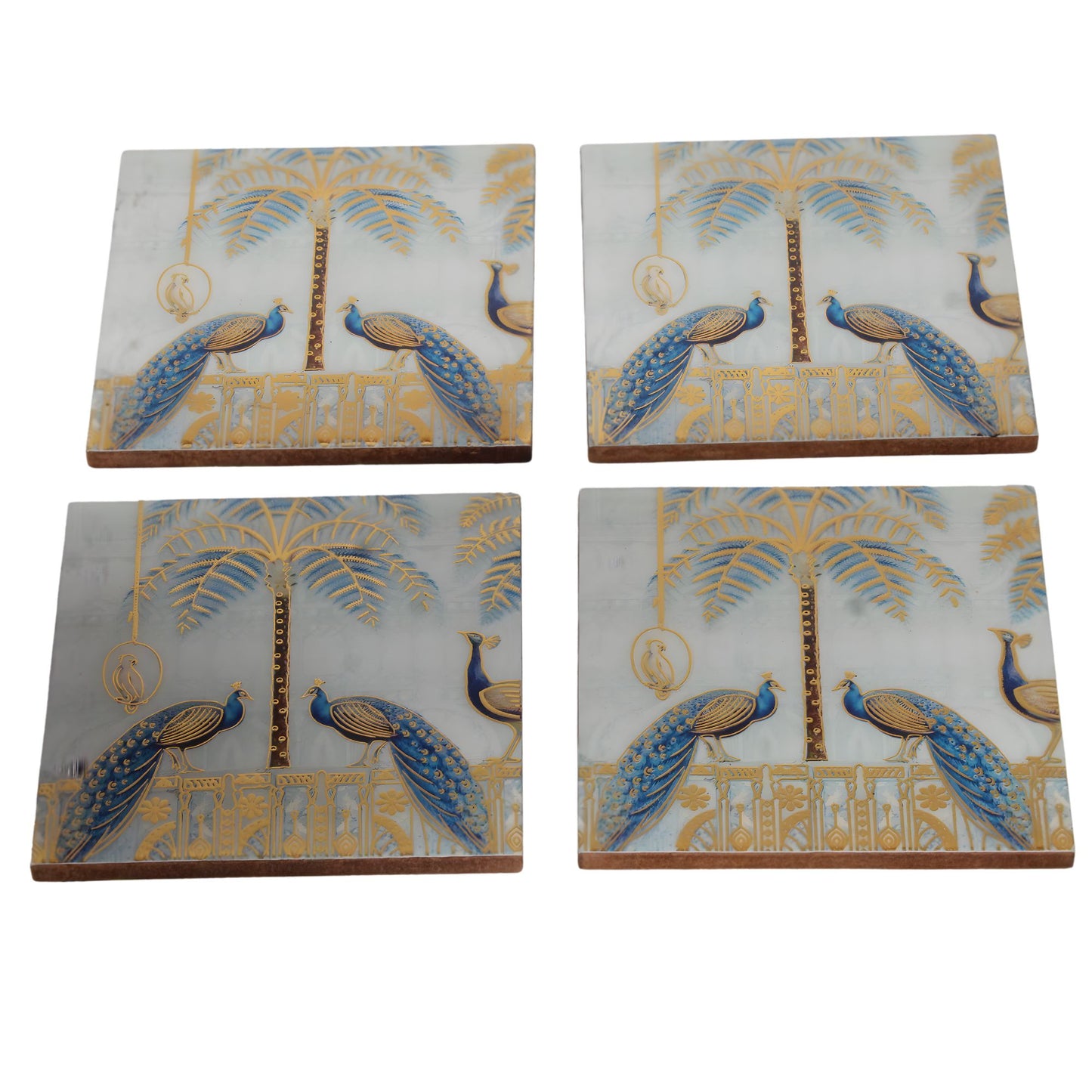 Navakrti Double Peacock Decorative Resin Wooden Coaster Set of 4