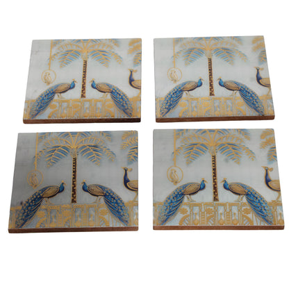 Navakrti Double Peacock Decorative Resin Wooden Coaster Set of 4