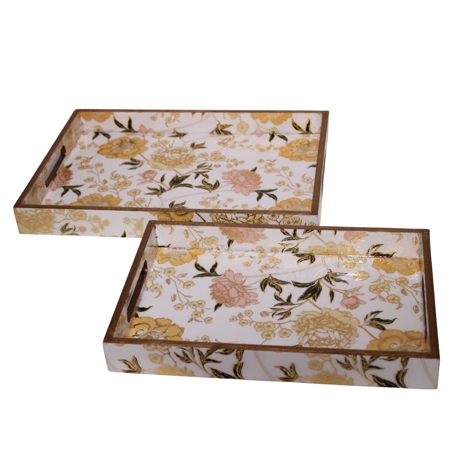 Navakrti Decor Floral Wooden Serving Tray Set of 2 | MDF Resin Coated Decorative Trays with Cut-Out Handles | Tea, Coffee & Table Décor Trays
