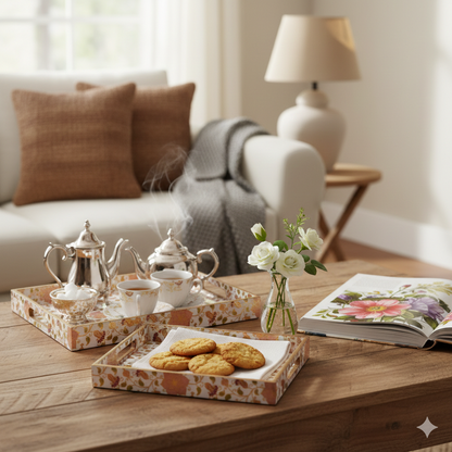 Navakrti Decor Floral Wooden Serving Tray Set of 2 | MDF & Resin Decorative Table Trays with Glossy Botanical Print | Tea, Coffee & Home Décor Trays