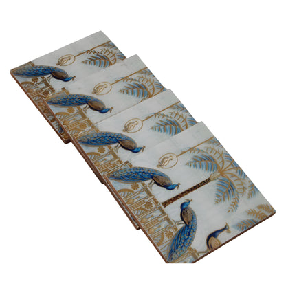Navakrti Double Peacock Decorative Resin Wooden Coaster Set of 4