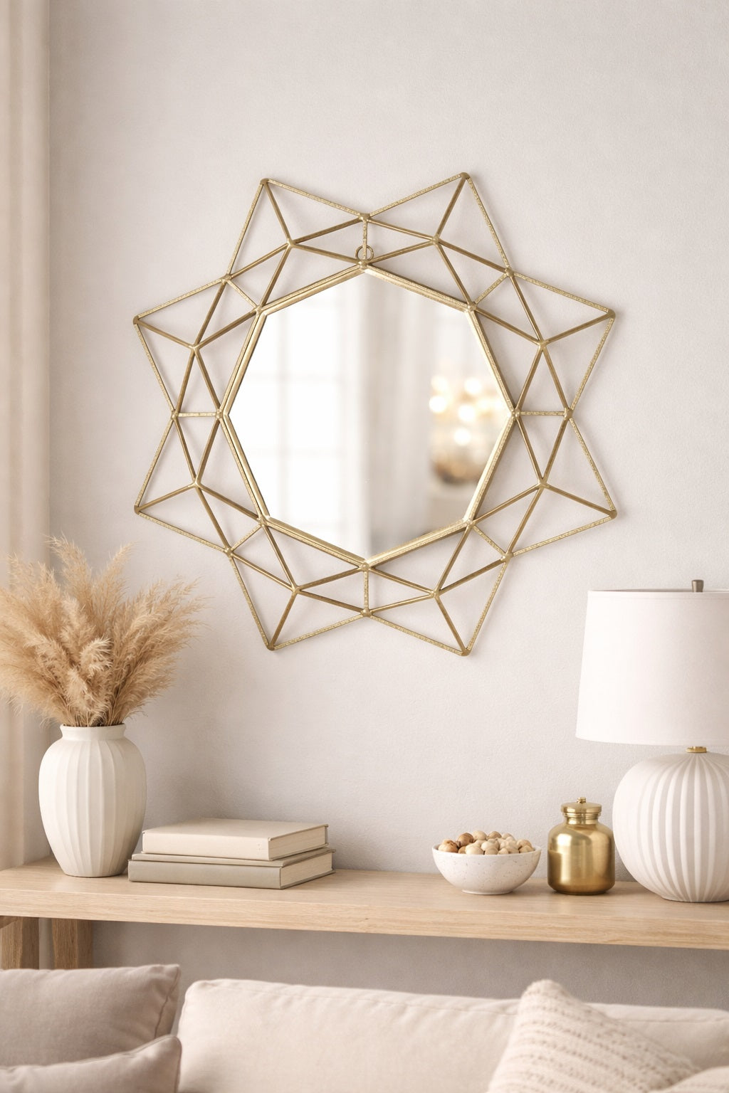 Navakrti Gold Geometric Starburst Metal Wall Mirror | Modern Decorative Wall Mirror for Living Room, Bedroom & Entryway