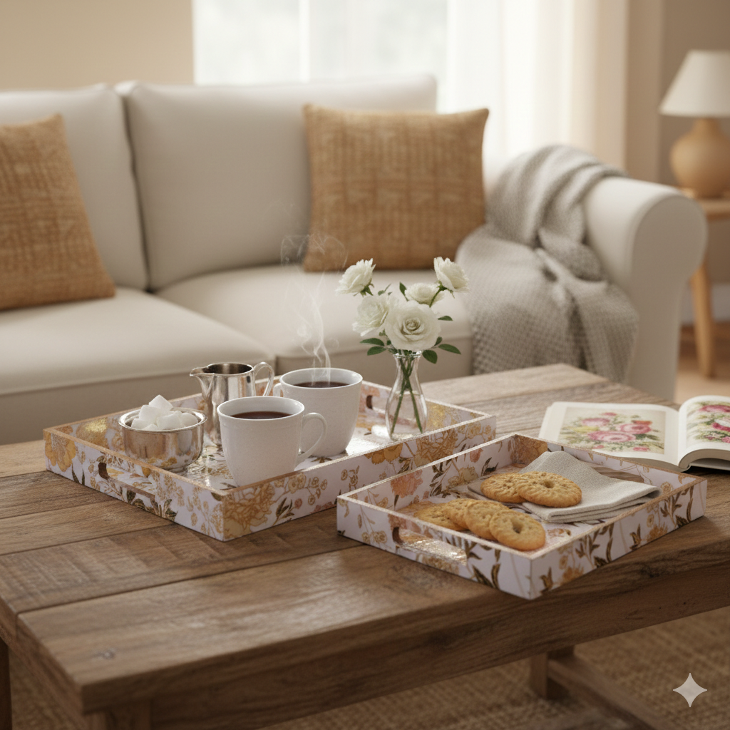 Navakrti Decor Floral Wooden Serving Tray Set of 2 | MDF Resin Coated Decorative Trays with Cut-Out Handles | Tea, Coffee & Table Décor Trays