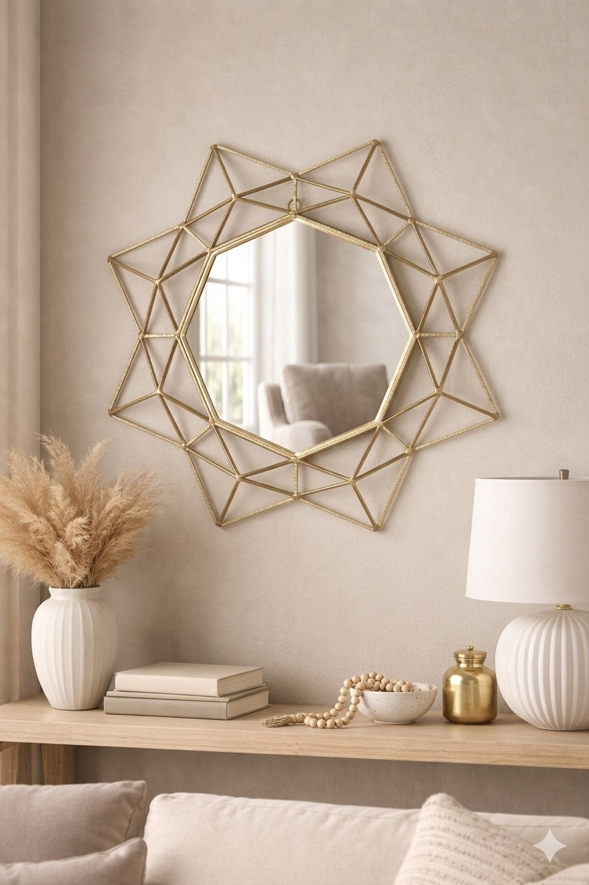 Navakrti Gold Geometric Starburst Metal Wall Mirror | Modern Decorative Wall Mirror for Living Room, Bedroom & Entryway