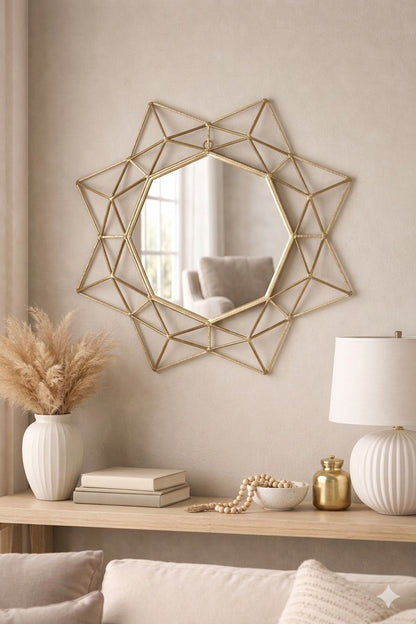 Navakrti Gold Geometric Starburst Metal Wall Mirror | Modern Decorative Wall Mirror for Living Room, Bedroom & Entryway