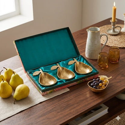 Navakrti Gold Toned Pear Shape Serving Bowls Set of 3 | Aluminum Decorative Dry Fruit & Snacks Serving Platter with Gift Box