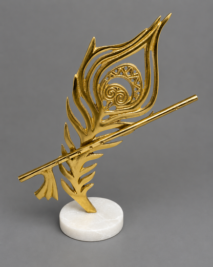 Navakrti Decor Golden Peacock Feather Decorative Table Sculpture with White Marble Base