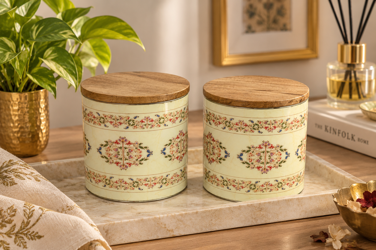 Navakrti Decor Floral Decorative Storage Canisters with Wooden Lids – Set of 2