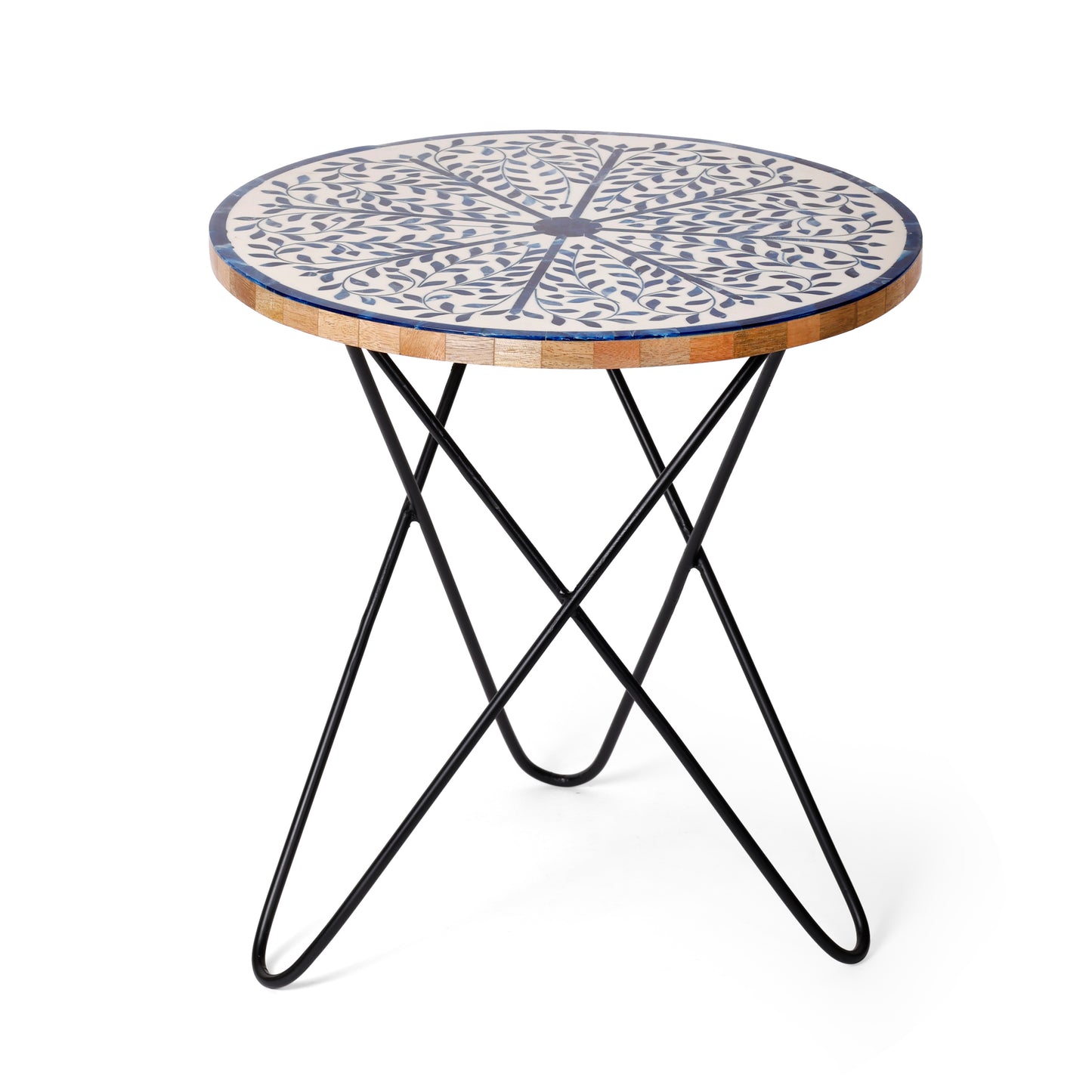 Handcrafted Wooden & Blue Resin Top Side Table