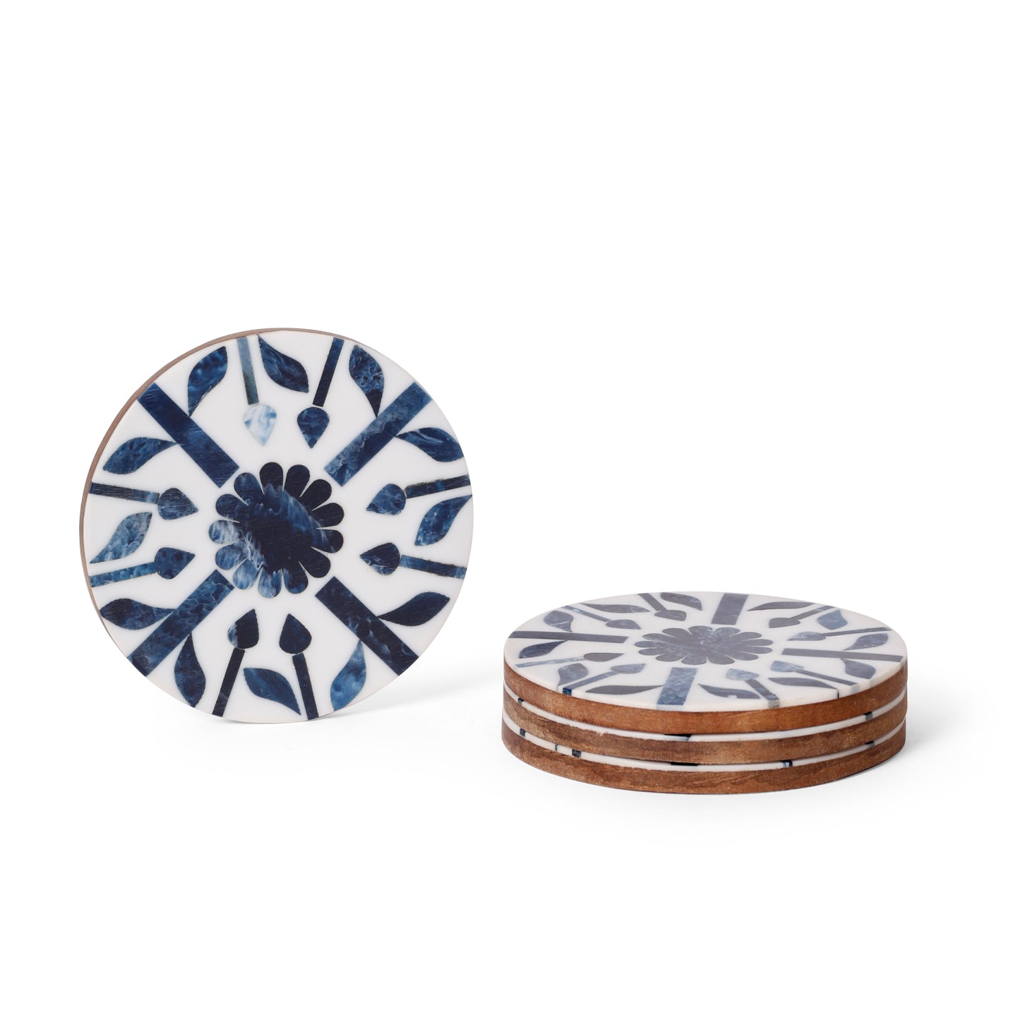 Indigo Bloom Resin Inlay Wooden Coaster Set (10 × 10 cm)