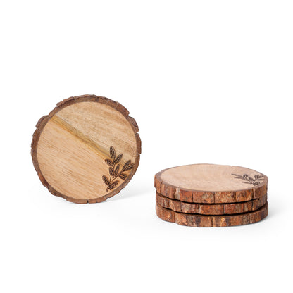 Forest Bark Wooden Coaster Set with Leaf Etching (10 × 10 cm)