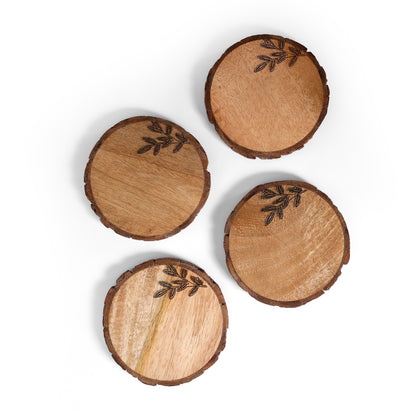 Forest Bark Wooden Coaster Set with Leaf Etching (10 × 10 cm)