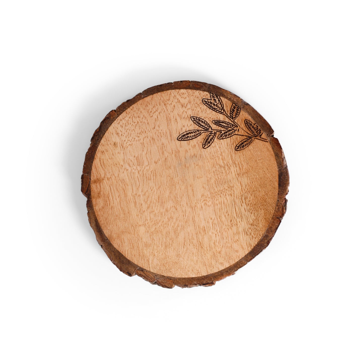 Forest Bark Wooden Coaster Set with Leaf Etching (10 × 10 cm)