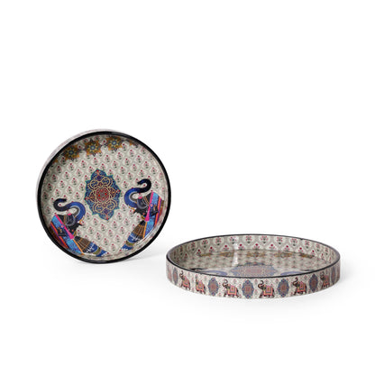 Wooden Printed Resin Serving Tray Set of 2 | Round Decorative Platter
