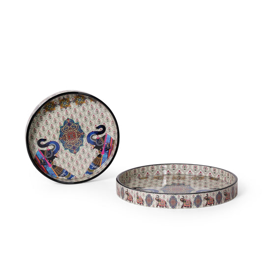 Wooden Printed Resin Serving Tray Set of 2 | Round Decorative Platter