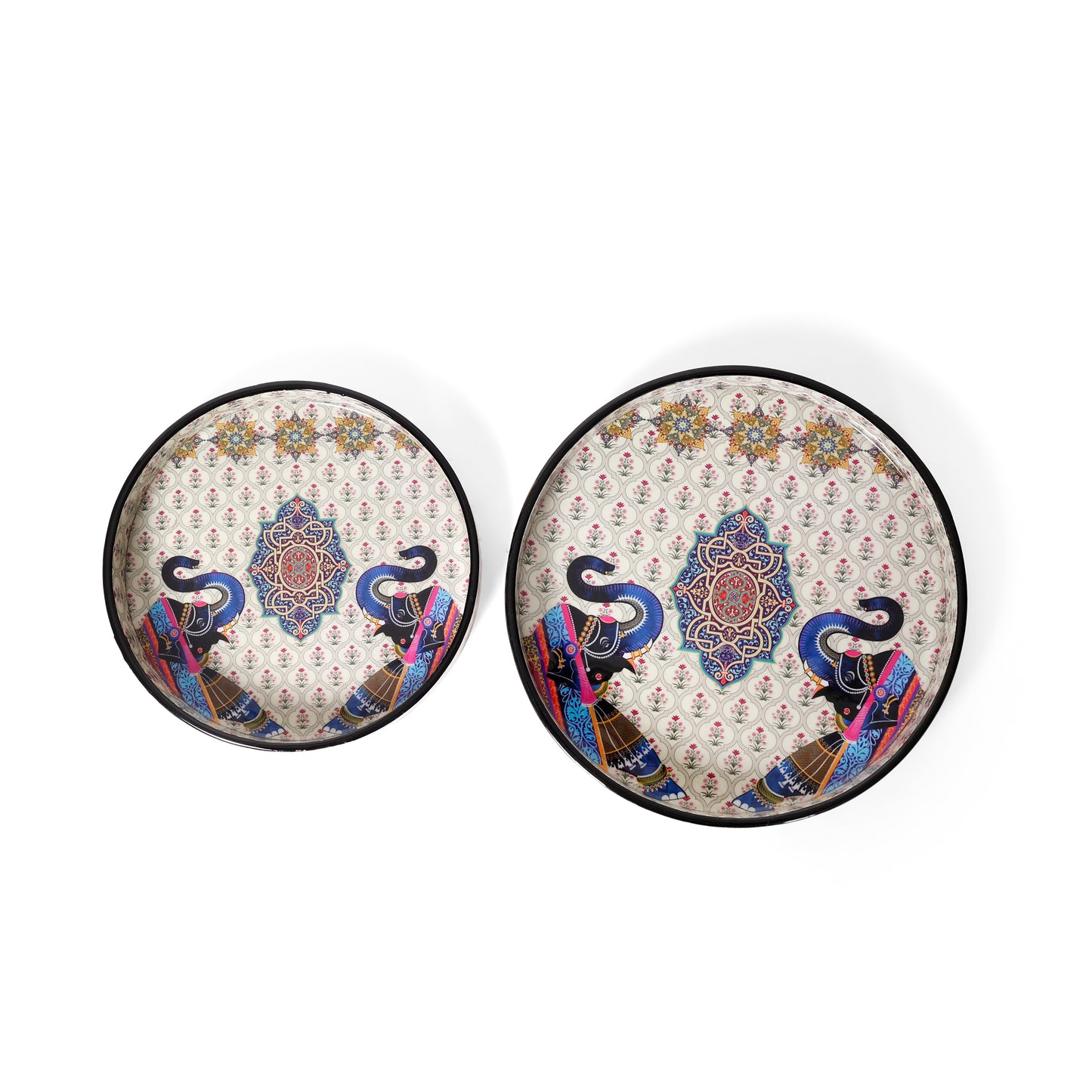 Wooden Printed Resin Serving Tray Set of 2 | Round Decorative Platter