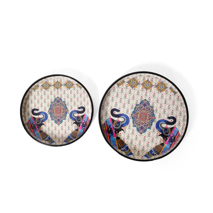 Wooden Printed Resin Serving Tray Set of 2 | Round Decorative Platter